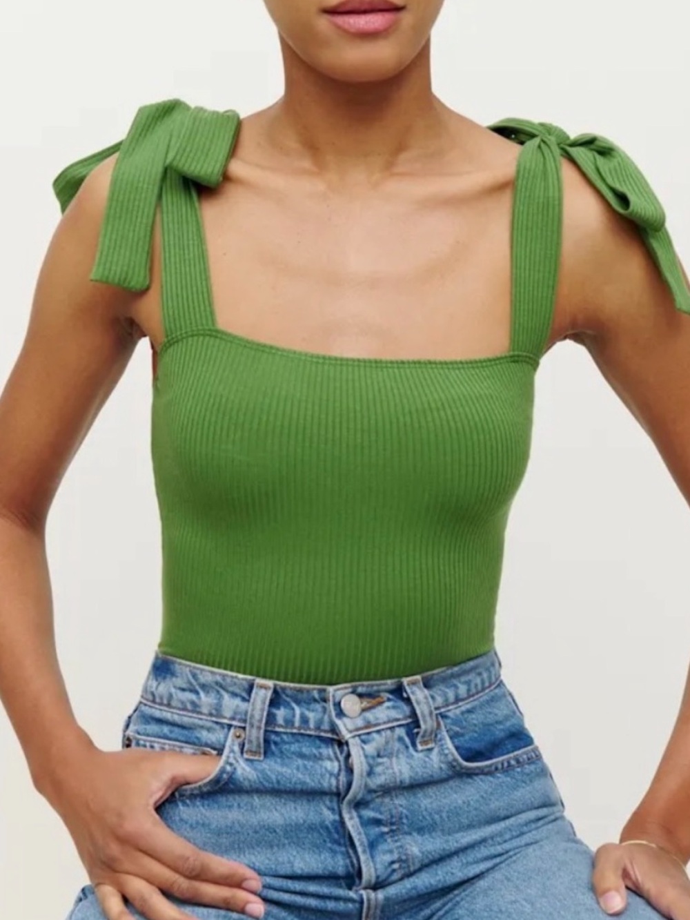 Reformation Olive Green Ribbed Tie-Shoulder Tank